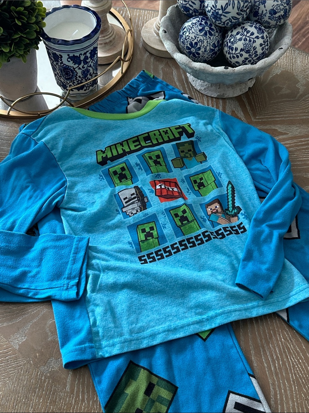 Boys Minecraft Blue Creeper Graphic Long Sleeve Pajama Set